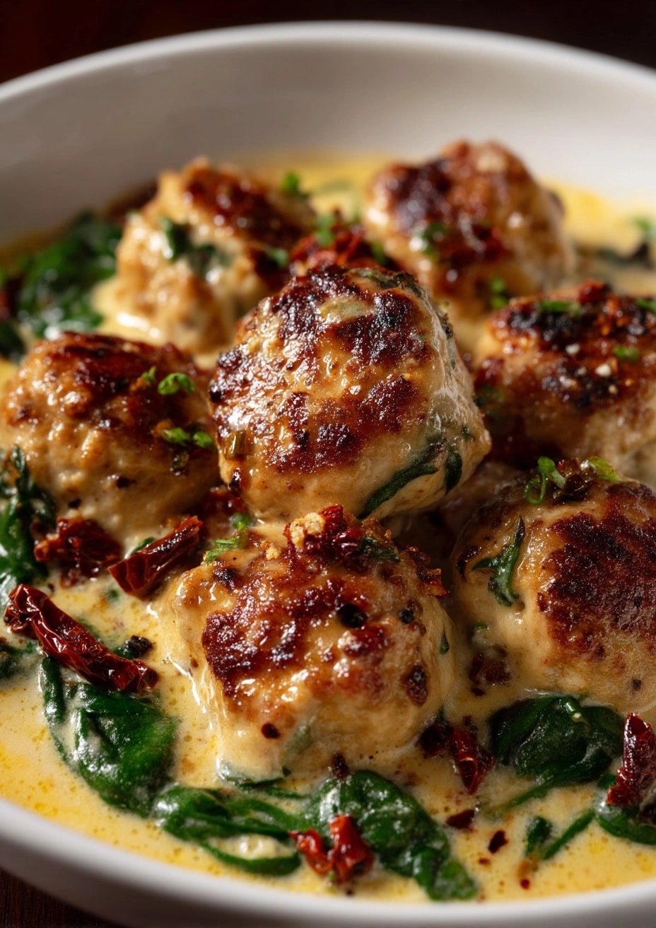 Southern Style Baked Chicken Ricotta Meatballs with Spinach Alfredo Sauce Recipe - Recipe Image