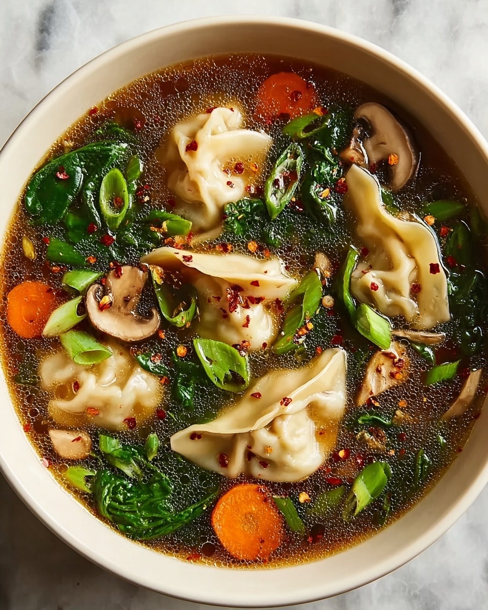 Vegetarian Potstickers Soup with Ginger, Mushrooms, and Greens Recipe - Recipe Image