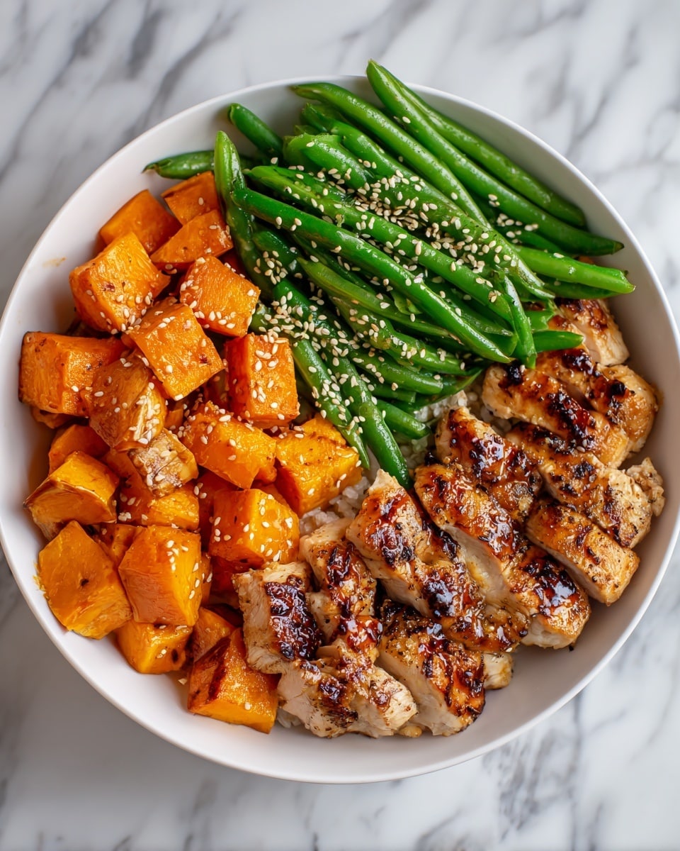 Honey Garlic Chicken with Roasted Sweet Potatoes and Green Beans Recipe - Recipe Image